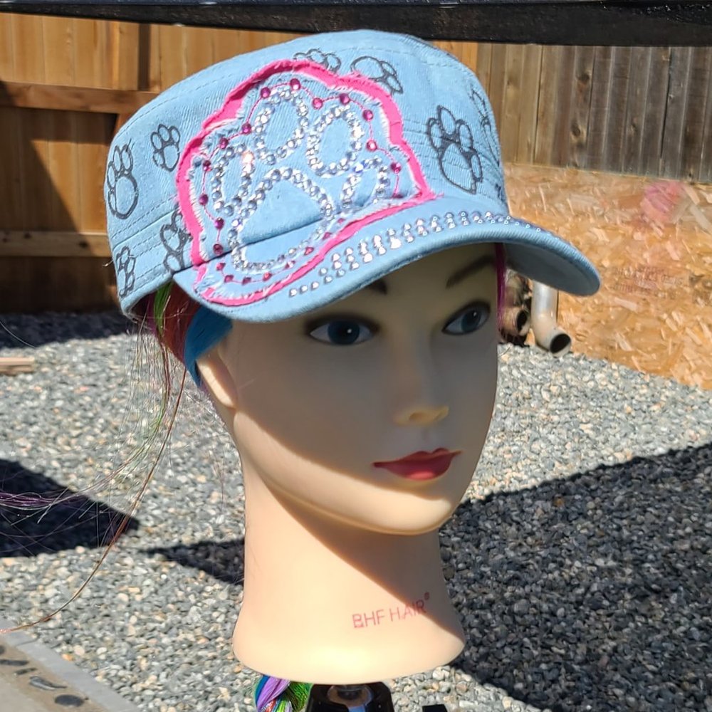 New Ladies Lt Blue Denim & Pink Paw BLING Hat
